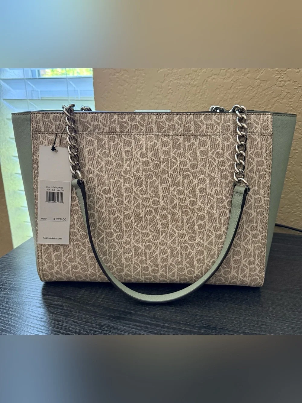 Calvin Klein Beige Monogram Tote with Silver Chain Straps